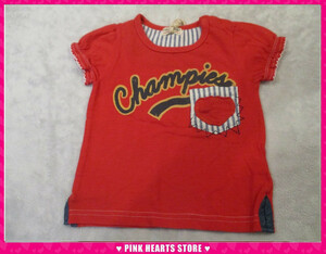 新品キッズ◇CHILD CHAMP（チャイルドチャンプ）ヒッコリーポケットロゴTシャツ レッド 120ｃｍ 67-9943