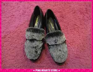  new goods lady's shoes * price cut!! gray fur attaching Loafer black smooth 36(23cm) 68-394