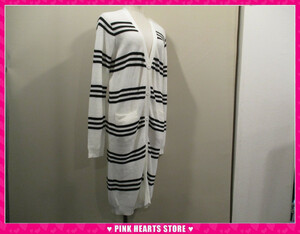  new goods lady's * price cut!! border long sleeve long knitted cardigan white × gray 14-5702