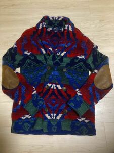 ラルフローレン ネイティブカーディガン M レザーエルボーパッチ メンズ 赤系 WOOL カシミア ジャケット HAND KNIT ゴールデンサイズ レア