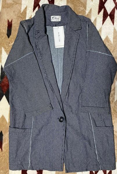 新品　綿100% 7分袖　テーラード　ジャケット　ブレザー　ストライプ　紺色