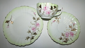 ( old house * delivery )( old era. ENGLAND made * gold paint peak up flower pattern tea cup *so-sa* cake plate set ) valuable rare article 