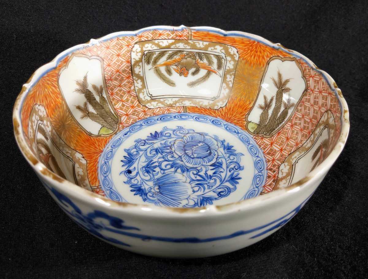 古伊万里 染付 金彩 色絵 花唐草文 櫛文 ソテツに鳳凰図 17cm 深鉢 江戸後期 btremsexdo-26b2382