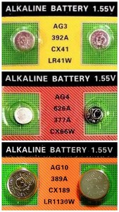 アルカリボタン電池 AG3，377，AG10 各２個［ゆうパケット］SR41互換 SR626SW互換 SR1130SW互換