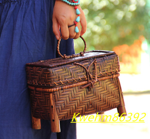 民芸職人手作り 茶具收納盒 小物入れ籠 自然竹の編み上げ ハンドバッグ 