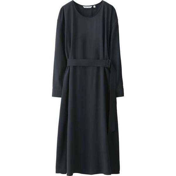 【新品・L・ネイビー】ユニクロ アンド ルメール(UNIQLO AND LEMAIRE)レーヨンベルテッドワンピ-ス 2015AW 紺