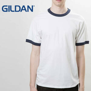 GL76600 5.3oz プレミアムコットン ジャパンスペック リンガーTシャツ ホワイト/ネイビー XXLサイズ 男女兼用 GILDAN ギルダン