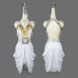 新作NEW　ラテン競技試合用素敵ドレス　レディース社交ダンス衣装　サイズ調整無料対応　S～2XL　ライトストーン＋ビーズ飾り　白色