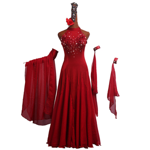 新品　レディース社交ダンス衣装　モダン競技ドレス　セット品　　S～2XL選択可　モダンドレス　赤色　フロート付き