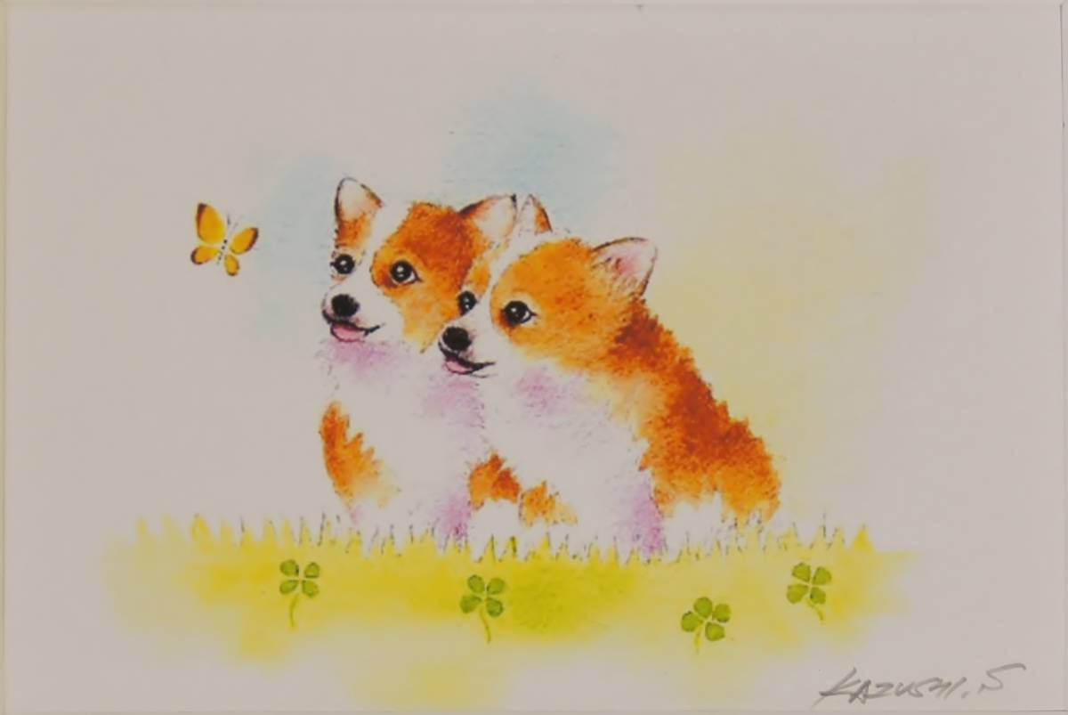 Cute dog painter Kazushi Sakamoto's framed mini art Brother Corgi Puppy Discontinued product, Limited stock., Artwork, Painting, others