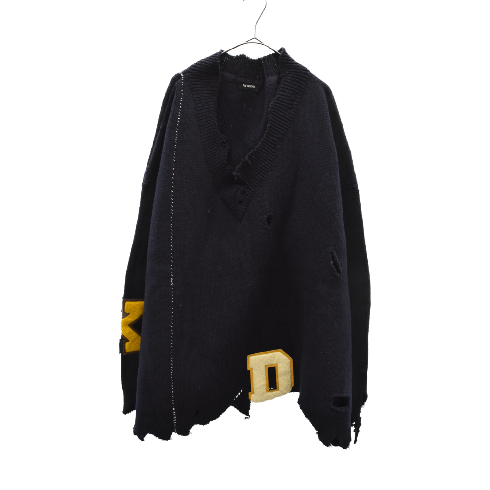 ラフシモンズ 16AW F ワッペン オーバーサイズ デストロイ ニット セーター ネイビー