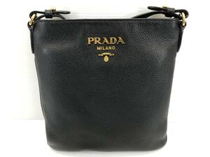 □ 良好 プラダ PRADA レザー ショルダー バッグ 1BH142 ブラック レディース メンズ クロスボディー 斜め掛け □