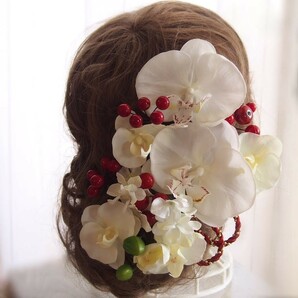 胡蝶蘭 赤い実の髪飾り 蕾入り 結婚式 卒業式 成人式