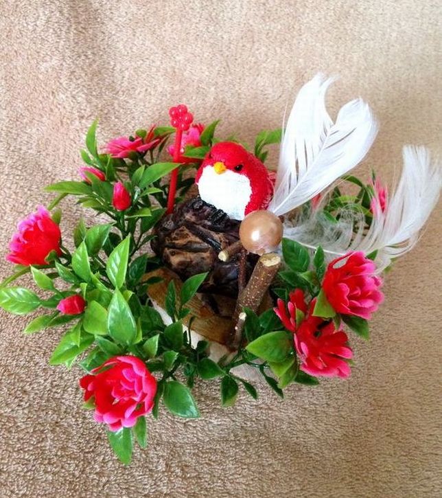 Oiseau miniature en céramique ♪ Fausse fleur verte ◆ Rouge, œuvres faites à la main, intérieur, marchandises diverses, ornement, objet
