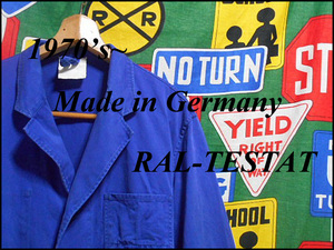 ★雰囲気系の１着★Made in Germany製ドイツ製RAL-TESTATラルテスタビンテージインクブルーコットンユーロワークコートチェンジボタン