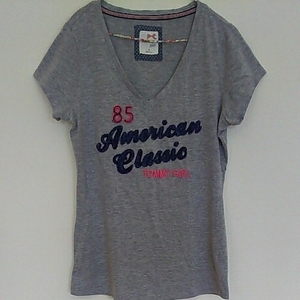 a233 ◆tommy girl◆ トミーガール サイズM 半袖 カットソー Tシャツ フロント刺 Vネック 薄手