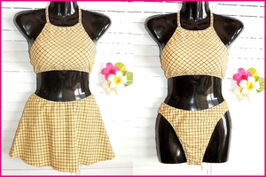 ZETA ZETA made in Japan separate swimsuit skirt set 9 number /M white ground × Brown * light green check 