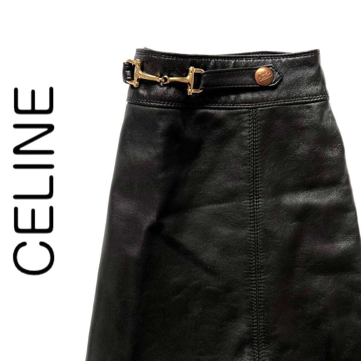CELINE セリーヌ スカート レザー ウール 38 黒 牛皮 レザースカート