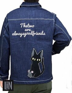 ラミ＆アール デニムカバーオールジャケット◆LIN ネイビーMサイズ AL-75061 黒猫 ネコ 鼠 ネズミ 刺繍