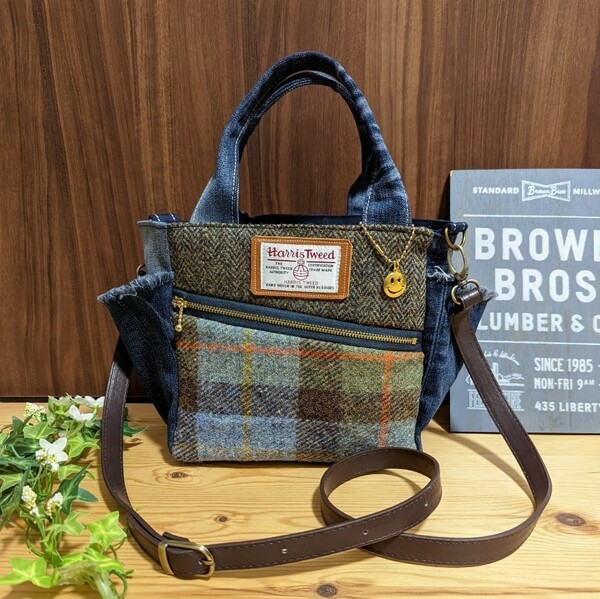 ハリスツイード　Harris Tweed　ファスナーポケットがアクセント♪　ショルダーバッグ　トートバッグ　ショルダーヒモ付