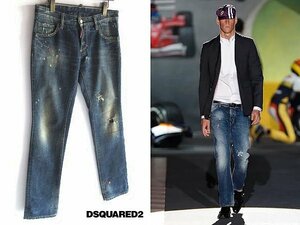 コレクション着 DSQUARED2 ディースクエアード ペンキ/リペアステッチ/ハードクラッシュ加工 ロゴ デニムパンツ 46 インディゴ イタリア製