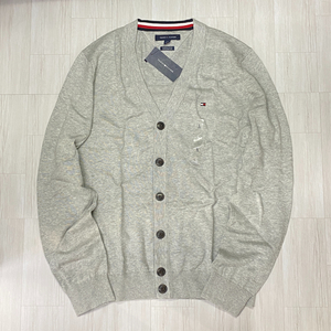 USAモデル 【M】 TOMMY HILFIGER トミーヒルフィガー プレミアムコットンニット ハイゲージ カーディガン グレー フラッグロゴ (R4F-12)