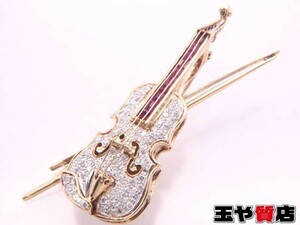  ruby 0.75ct diamond 0.50ct violin brooch . pendant K18YG yellow gold 