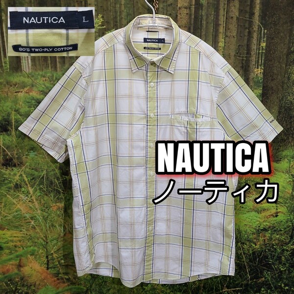 ノーティカ　NAUTICA　チェック　緑系　チェック　刺繍ロゴ　オーバーサイズ　綿シャツ 半袖 半袖シャツ トップス