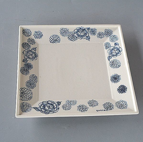 Large plate, square plate, square plate, flower garden, hand-painted, Japanese tableware, dish, platter