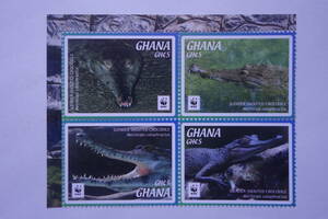 外国切手：ガーナ切手 「（WWF・世界自然保護基金）ワニ」 4種連刷 未使用