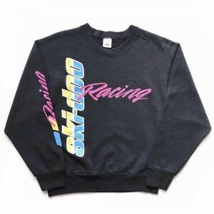 80s vintage カナダ製 ski-doo Racing スキードゥー ロゴ プリント スウェット 長袖 黒 ブラック size M スノーモービル 企業物 袖ロゴ old