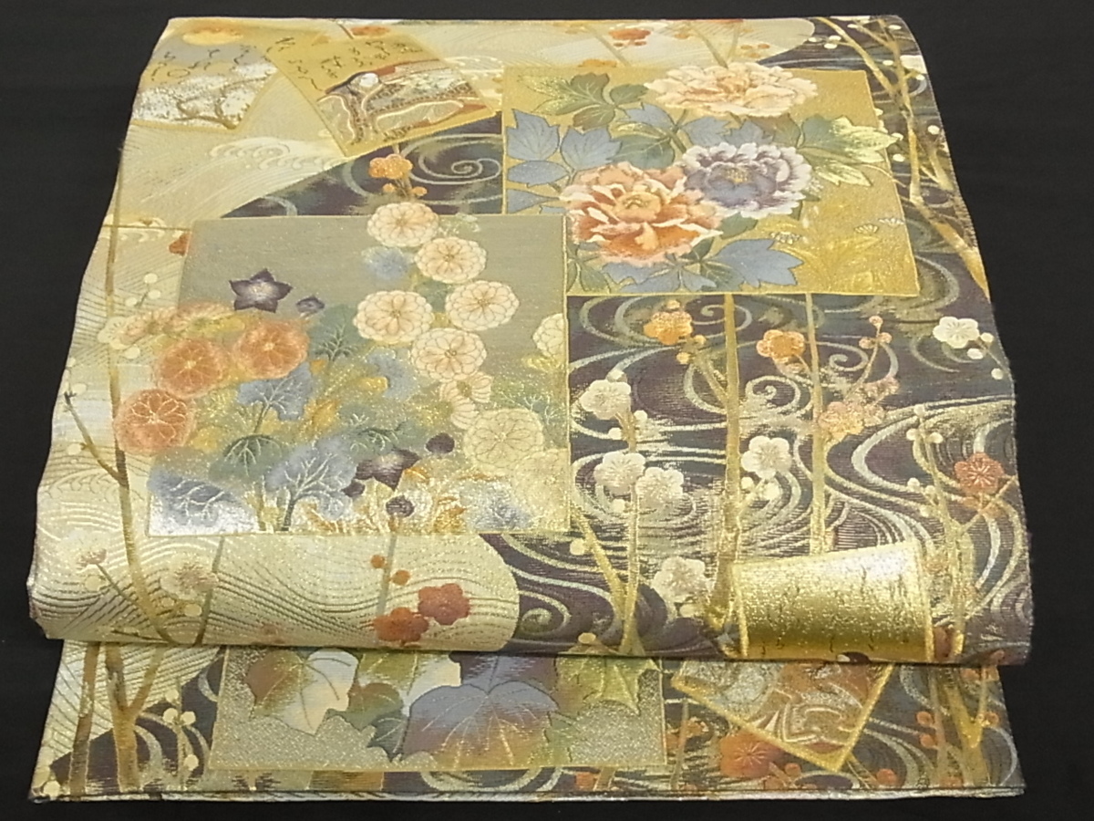 pk600 高級 正絹 壱阡八百口織 西陣あさぎ 本金箔 両面柄 丸帯 逸品