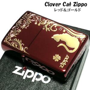 ZIPPO ライター ねこ キャット ジッポ 猫 クローバー ロゴ 四つ葉 かわいい おしゃれ ジッポー レッド 赤 ネコ