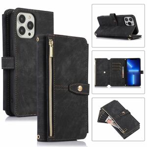 iPhone 13 mini leather case iPhone 13 Mini shoulder case 5.4 -inch notebook type card storage . purse attaching with strap .A3 black 