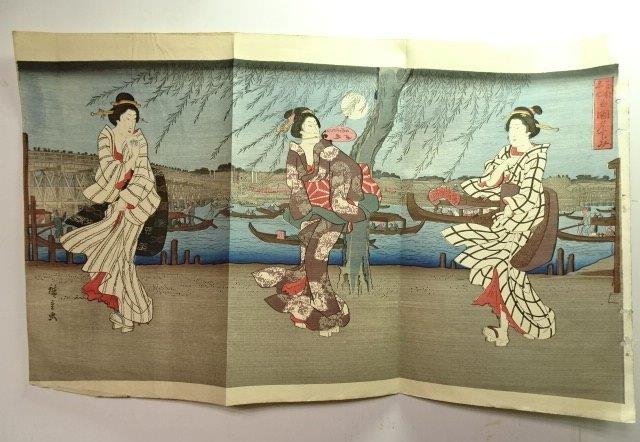 Yusuzumi Utagawa Hiroshige Triptyque Belle Femme 0924U9G, peinture, Ukiyo-e, imprimer, Peinture de belle femme