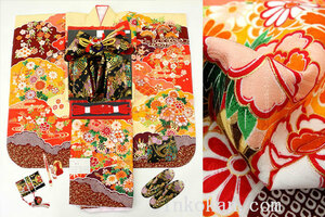 [.. павильон ] новый продукт "Семь, пять, три" натуральный шелк 7 лет для девочка высококлассный кимоно с длинными рукавами кимоно полный комплект *... рисунок оттенок бежевого цветок машина цветок *sdyuri009
