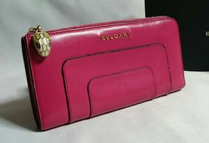  regular good ultra rare! BVLGARI BVLGARY cell pen ti Sune -k equipment ornament L character type Zip long wallet pink car f leather . equipment ornament ×B-zero Logo * attached have written guarantee have 