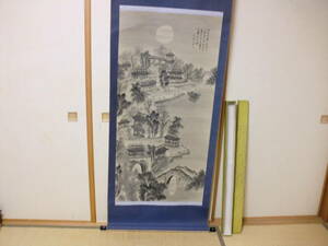 【模写】 掛軸　中国画　開運　吉祥　梅生　画賛付トテモ繊細で綺麗な水墨月夜の寒山寺圖　美品　紙箱　蘇州　寒山寺　仏教寺院