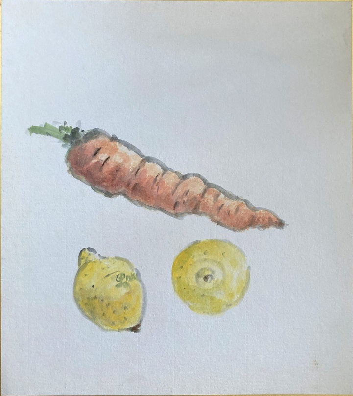 Watercolor painting, still life, lemon and carrot, unknown artist, 27.3 x 24.2 cm, Painting, watercolor, Still life
