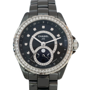 【天白】CHANEL シャネル 腕時計 J12 黒文字盤 H3407 ファーズ ドゥ リュヌ ムーンフェイズ セラミック 38mm ダイヤ 箱 保証書