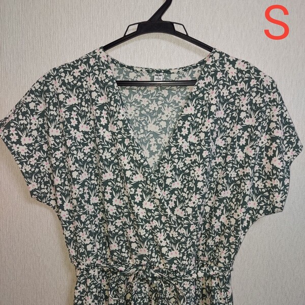 ユニクロ 花柄 カシュクール 半袖 ロング ワンピース S グリーン