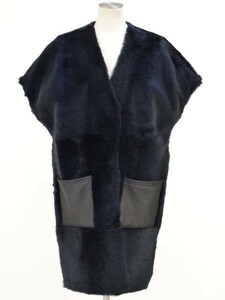  Innes e Marshall INES&MARECHAL Beams ram leather mouton V neck gilet / coat fur fur 36 size navy blue / black lady's F-L4424