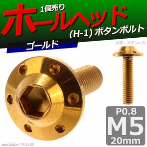 M5×20mm P0.8 ボタンボルト ホールヘッド H-1 ステンレス 車/バイク/自転車 ドレスアップ パーツ ゴールド 1個 TR0188