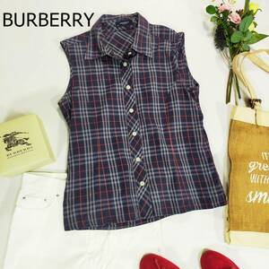 BURBERRY バーバリー シャツ サイズM ネイビー レッド チェック ノースリーブ ボタン 前開き シンプル 襟 コットン100％ ブラウス 3046