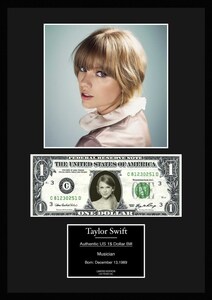 限定!人気【テイラー・スウィフト/Taylor Swift】POP/R&B/ポップ/カントリー/写真/本物USA1ドル札フレーム証明書付き/カラー/8