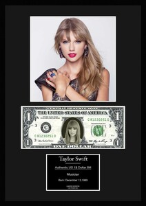 限定!人気【テイラー・スウィフト/Taylor Swift】POP/R&B/ポップ/カントリー/写真/本物USA1ドル札フレーム証明書付き/カラー/6