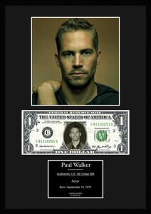 人気映画俳優Fast & Furious/ワイルド・スピード【ポール・ウォーカー/Paul Walker】写真本物USA1ドル札フレーム証明書付/セピア/5