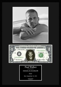 人気映画俳優Fast & Furious/ワイルド・スピード【ポール・ウォーカー/Paul Walker】写真本物USA1ドル札フレーム証明書付/モノクロ/9