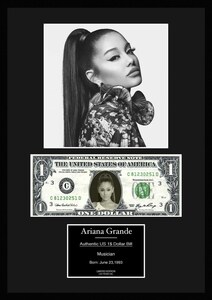 限定!人気【アリアナ・グランデ/Ariana Grande】POP/R&B/ポップ/写真/本物USA1ドル札フレーム証明書付き/モノクロ/1