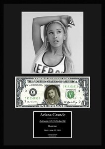 限定!人気【アリアナ・グランデ/Ariana Grande】POP/R&B/ポップ/写真/本物USA1ドル札フレーム証明書付き/モノクロ/3